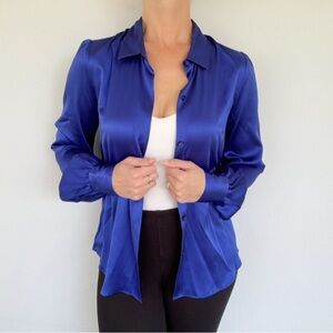 Generation Love silk blue satin stretch blend button down blouse size small